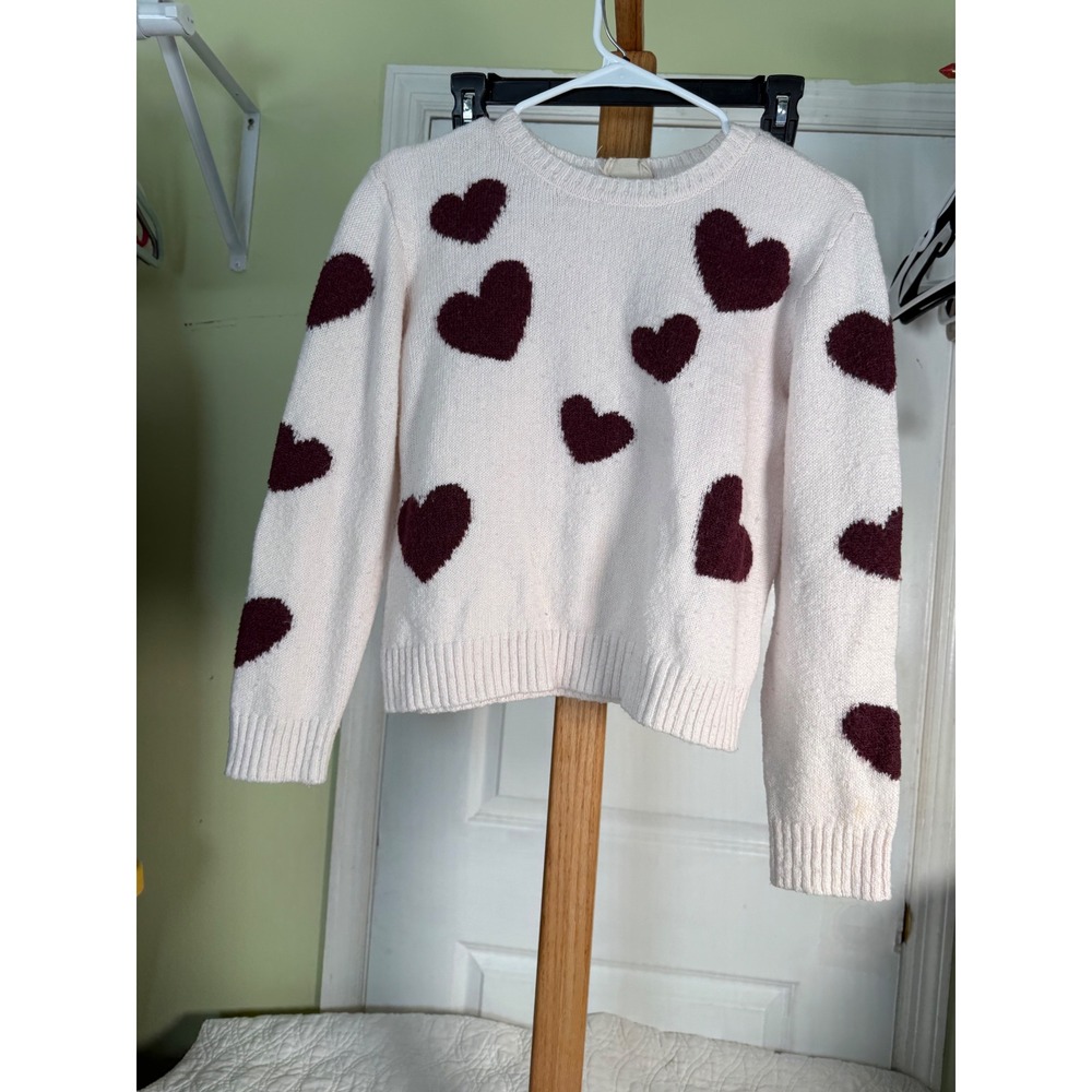 Amy Byer Girls XL 16 Heart Print Crew Neck Sweater Cream Burgundy Long Sleeve